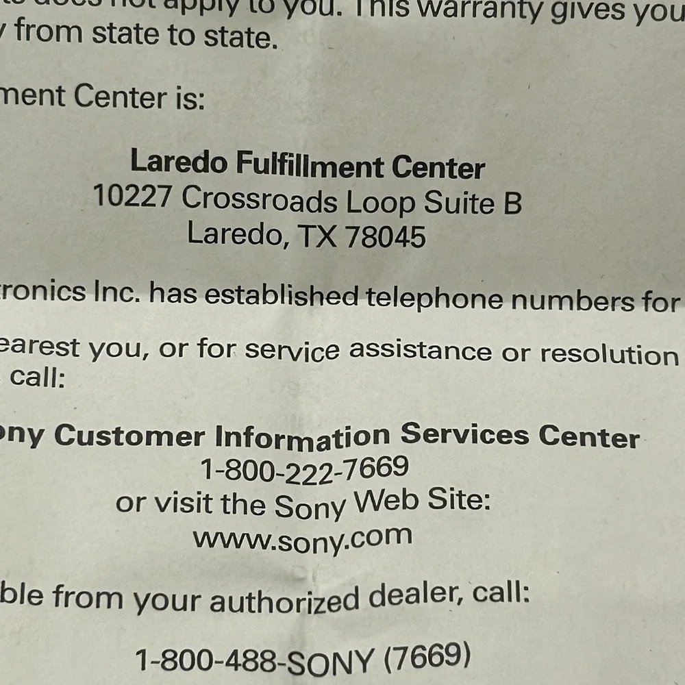 Sony Limited Warranty Certificate for Portable Audio Devices 4-557-148-34‎